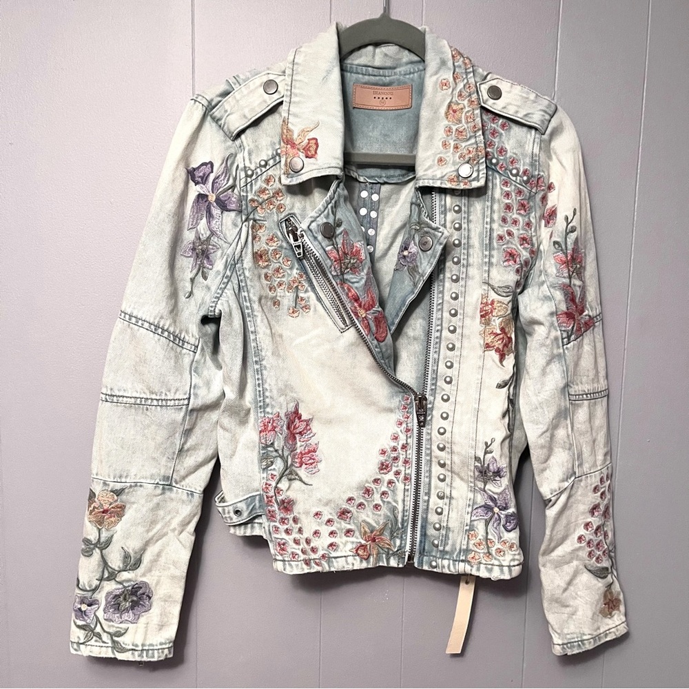 BlankNYC Embroidered Moto Jean Jacket Size M Boho Denim jacket